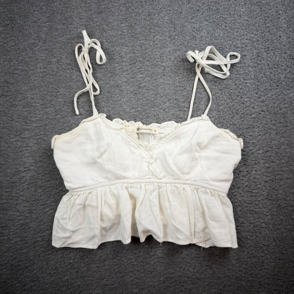 The Impeccable Pig Peplum Cami Women Size M Ivory Linen Blend Tie Strap Crop Top